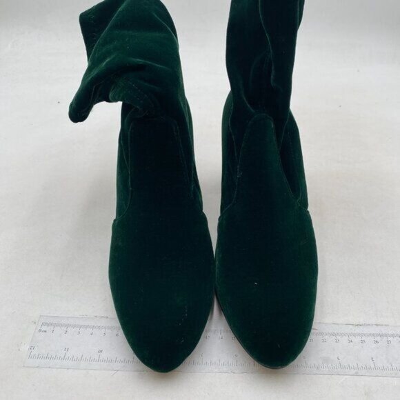 YDN Lake Green Pointed Toe Chunky High Heel Mid Calf Boots Pull On Dress Shoes - Picture 3 of 8